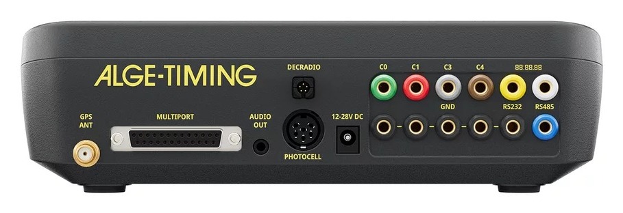 Conexiones traseras del ATime: GPS, Multiport, audio, fotocélula, canales, RS232 y RS485