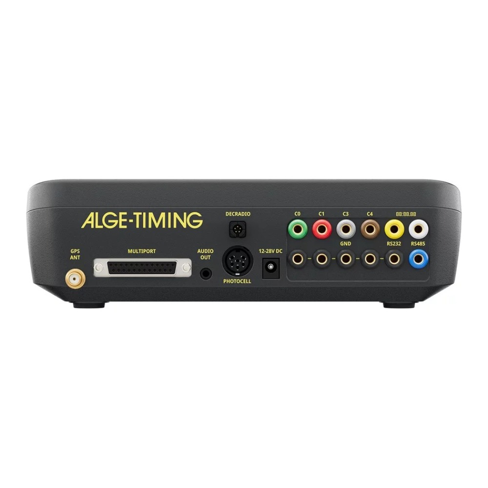 ALGE-TIMING ATime – conexiones traseras Conexiones traseras del ATime: GPS, Multiport, audio, fotocélula, canales, RS232 y RS485