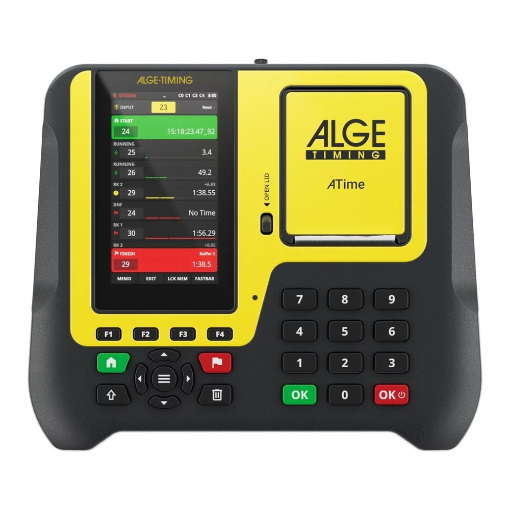 ALGE-TIMING ATime – vista frontal Vista frontal del ATime de ALGE-TIMING con pantalla táctil, teclado e impresora